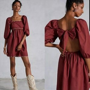 Anthropologie NWT Mini Dress Back Knot Cut-out Puff Sleeve Scallop Trim